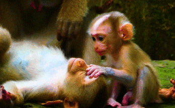 Baby Luno crying and shaking after being pushed away from his mother in the Angkor Wat forest.