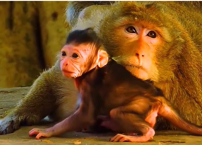 Newborn piglet crying in the Angkor Wat forest while watching his mother walk away, surrounded by soft morning light