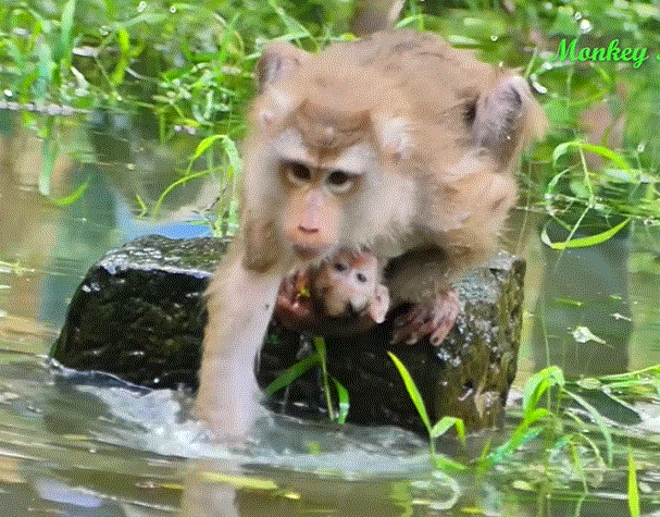 A mother cradling her baby in a calm jungle pool near Angkor Wat, ancient stones reflecting in the water as sunlight filters through the trees.