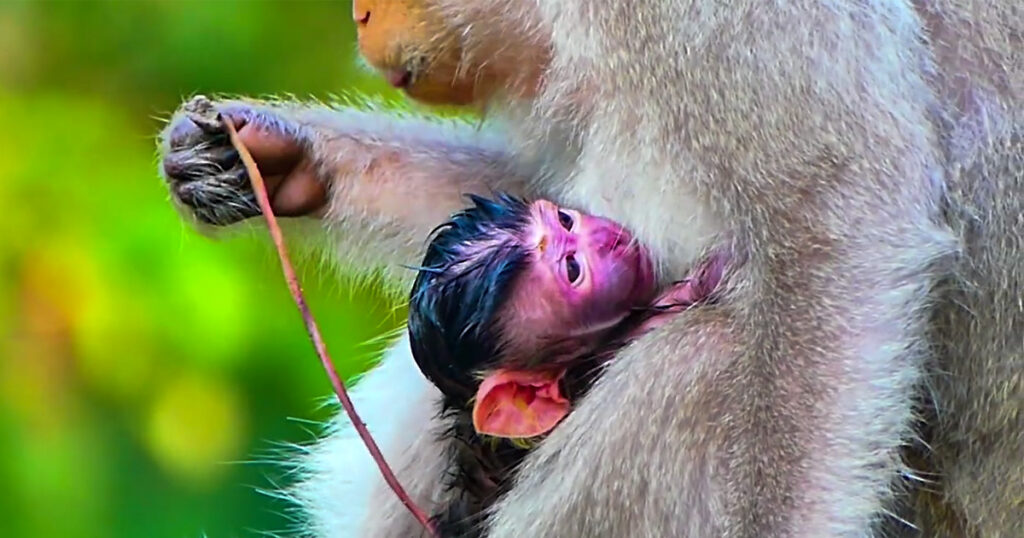 She Held On Tight: A Young Mother Monkey at Angkor Wat Meets Her Newborn for the Very First Time